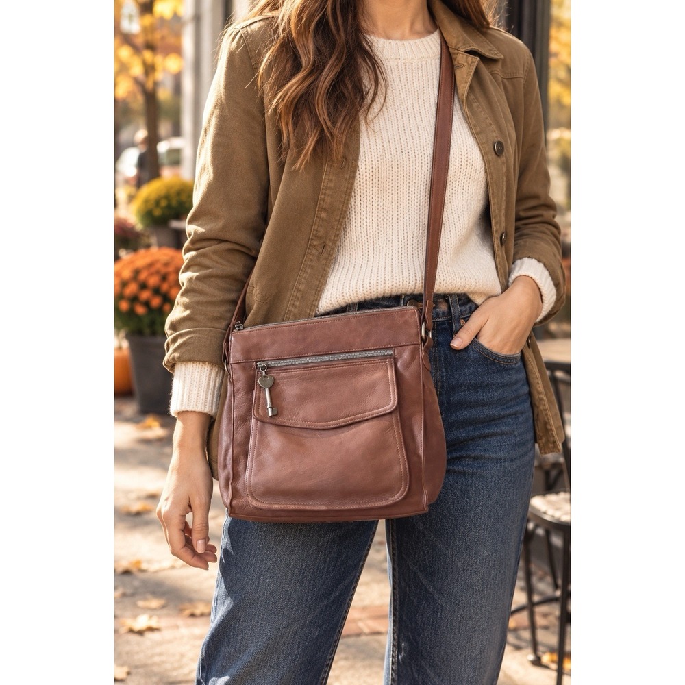 Vintage Fossil 75082 Brown Leather Organizer Crossbody Bag Y2K Key Charm